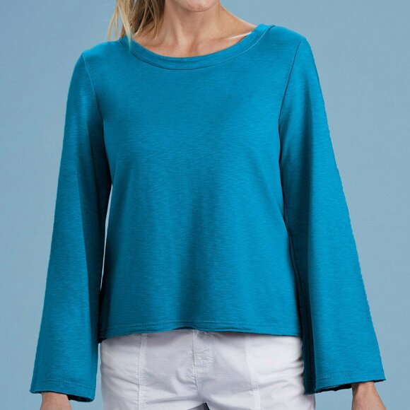 FRESH PRODUCE Ana Split Back Sweatshirt Bell Sleeve Seaport blue top - Picture 1 of 7